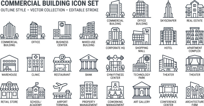 Commercial building and city architecture vector icon set featuring minimalist outline style illustrations of offices, skyscrapers, real estate properties, and business facilities