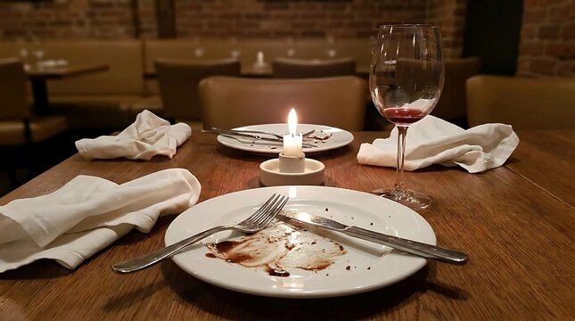 Empty dirty plates with chocolate dessert leftovers, wine glass, and candle on a restaurant table after a romantic dinner.