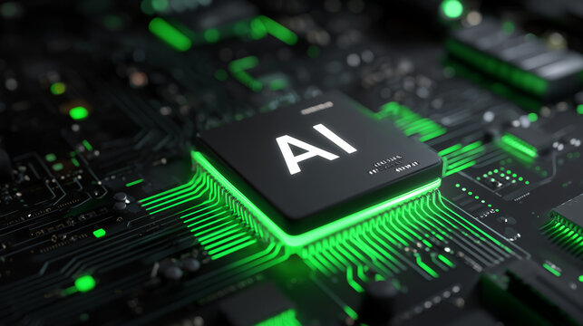 Glowing AI microchip on black motherboard with green data particles, artificial intelligence computing, semiconductor engineering, machine learning hardware, neural network process