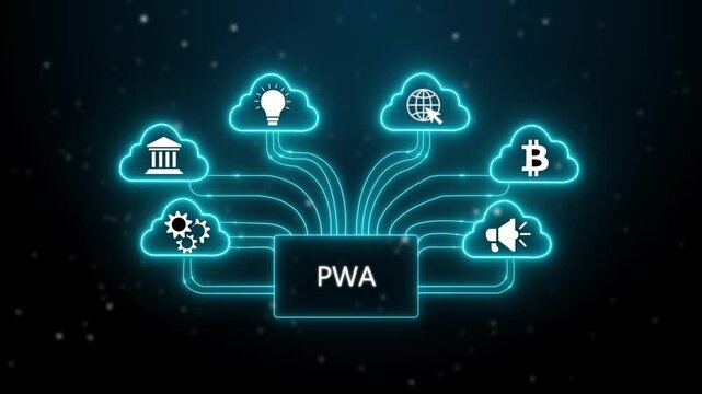 PWA Progressive Web App concept. Interface technology, the future of user experience, journey and technology concept, digital screen interface 4k video Background animation