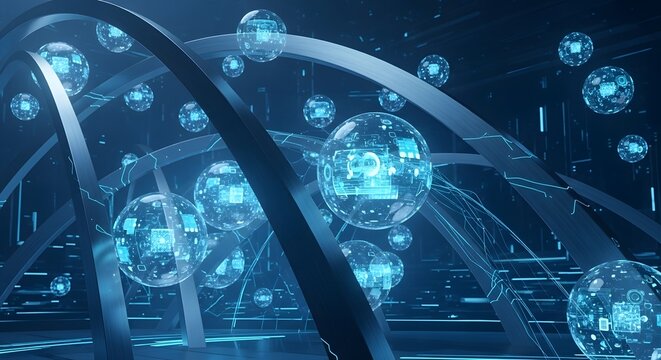 Futuristic background with a lot of glass balls in a luminous sci fi composition