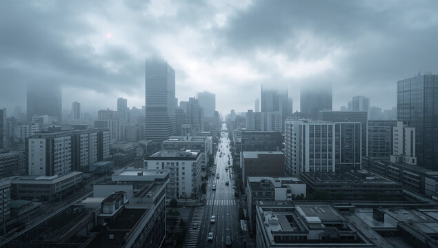 雨上がりの日本の都市で濡れた街並みが広がる風景