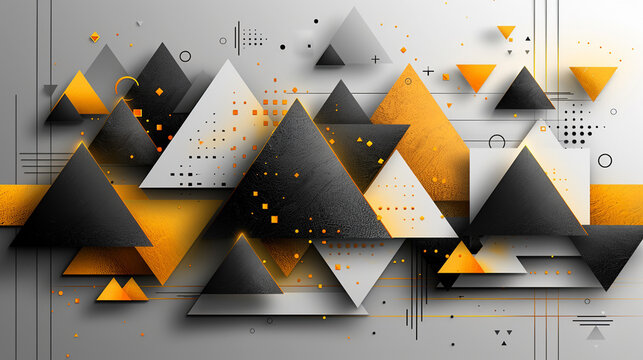 Abstract geometric background design with overlapping triangles in black, white, and gold.