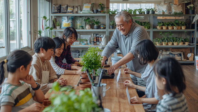 地域教室で子供たちに植え替えを教える日本人高齢男性