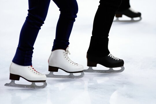 Young skater learns ice skating with instructor on frozen rink. Legs in white and black skates move on smooth ice surface. Close-up view.