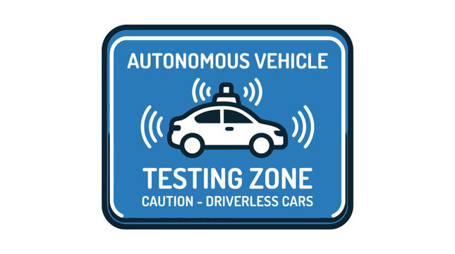 Blue autonomous vehicle testing zone caution driverless cars road sign icon. EPS Editable