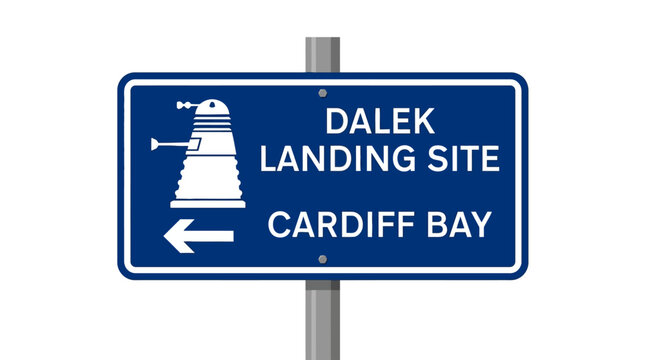 Blue road sign pointing to Dalek landing site in Cardiff Bay sci fi parody illustration. EPS Editable