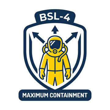 BSL 4 Maximum Containment Biosafety Level Four Hazmat Suit Shield Logo Icon. EPS Editable