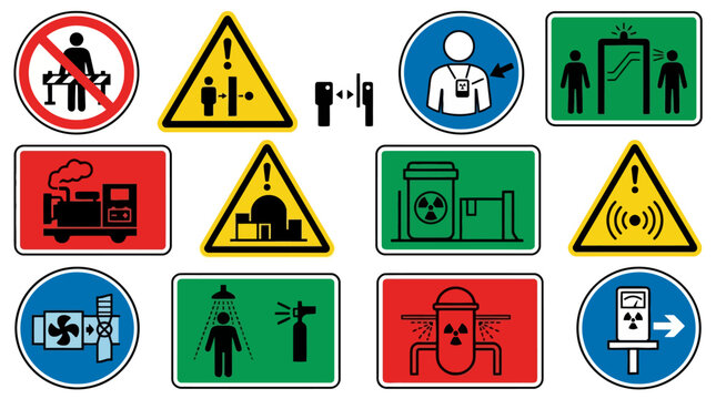 Collection of industrial safety signs warning symbols and radiation hazard icons. EPS Editable