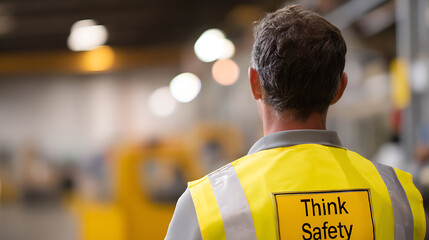 Fototapeta premium Rear view of a worker in a high-visibility yellow vest featuring 