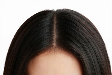 Fototapeta premium Top view of woman head showing thin dark hair and scalp with a visible widening part. Focus on hair thinning and potential hair loss condition.