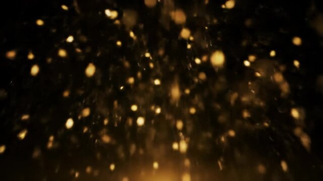 Ethereal, slow-motion ascent of luminous golden and amber particulate essence with shimmering bokeh against a deep black void, macro lens aesthetic, concept of luxury and elegance
