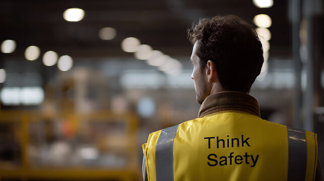 Rear View of an Industrial Worker in a Yellow Safety Vest with 'Think Safety' Text in a Warehouse Environment, Focus on Workplace Safety