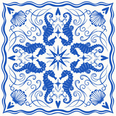 Hand drawn Mediterranean summer scarf print set. Decorative blue square composition with seahorse and shells. Vector illustration. © Iana