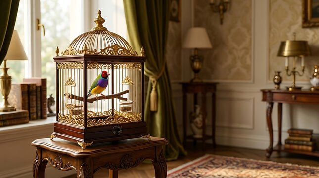 Exotic Gouldian finch bird in ornate vintage cage placed on a wooden table in a classically decorated room