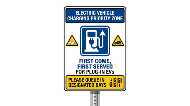 Electric vehicle charging priority zone sign with rules for plug in hybrid and electric cars. EPS Editable