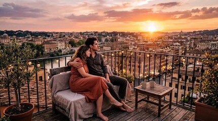 Fototapeta premium couples retreat, a young couple embraces on a rooftop terrace, enjoying a warm sunset