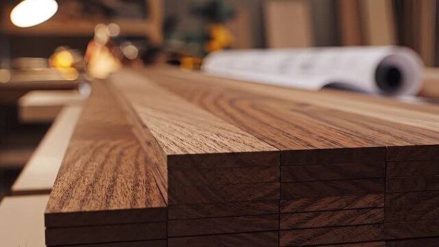 Closeup of stacked wood planks in a workshop with blueprints in the background.
