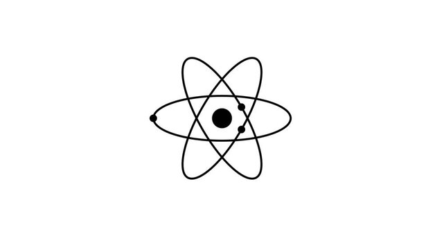Atomic icon, black orbital symbol on white, science education, nuclear energy, chemistry logo