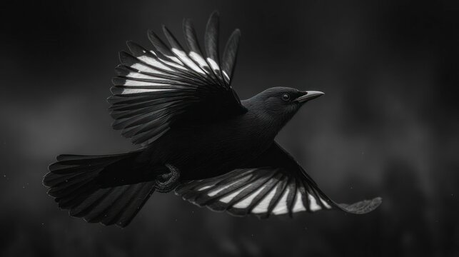 Dark bird with spread wings soaring against a blurred monochrome backdrop
