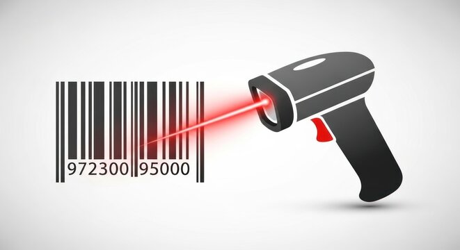 Barcode scanner reading product code vector illustration on white backdrop