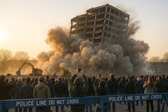 Crowd films a tower implosion behind "POLICE LINE DO NOT CROSS" tape as dust rolls. Concept of demolition