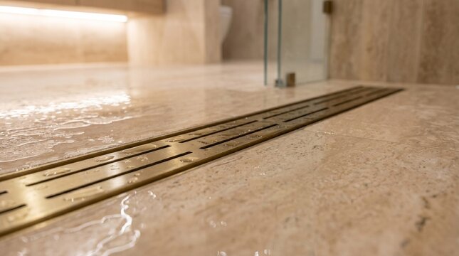 Close-up of a modern brass linear shower drain on a wet travertine stone tile floor in a luxury walk-in bathroom