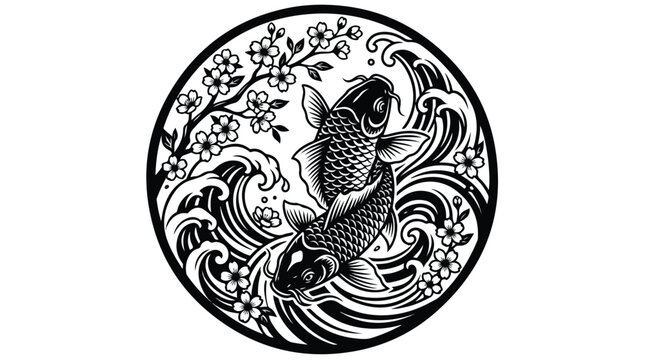 Traditional Japanese-style black and white ink illustration of a koi fish swimming among waves and floral elements