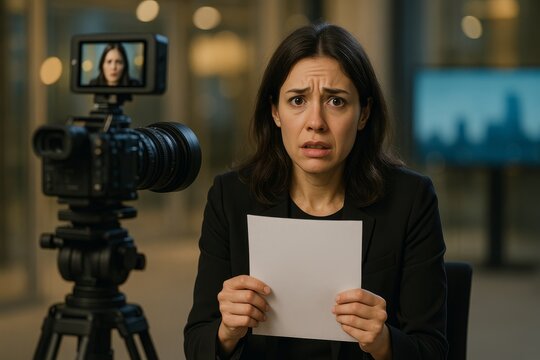 Anxious woman in a modern studio grips a blank sheet while a camera films her close-up. Concept of on-air nerves and speech anxiety. For blog post on stage fright tips