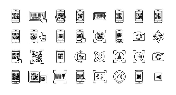 Linear QR code scanner icon collection with smartphone scan and barcode symbols vector illustration