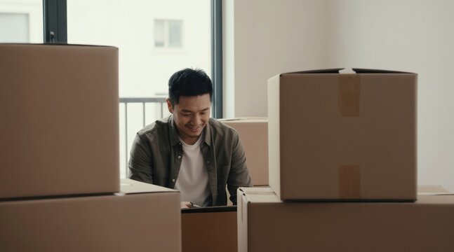 Asian man smiles working on clipboard in new empty apartment surrounded by cardboard boxes. He is happy about moving into his new home. His belongings are packed for relocation. A new beginning.