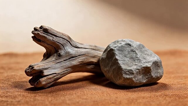 Driftwood and stone on fabric