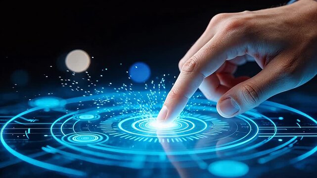 Hand interacting with futuristic digital interface