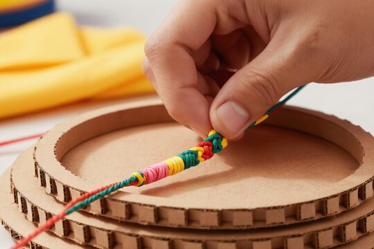 Close-up of hands making colorful braided friendship bracelet using yarn and cardboard loom. Craft project for kids and adults creating woven accessories. Simple DIY hobby fun.