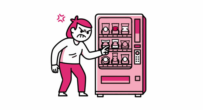 Frustrated person using a pink vending machine illustration.