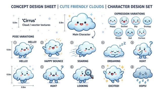 Adorable Cloud Character Design Sheet with Various Expressions and Poses.