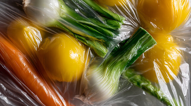 Fresh produce pre-packaged in clear plastic for retail sale, studio shot with vibrant colors highlighting individual vegetables and fruits, overhead view