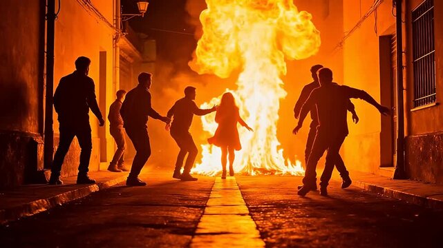 People reacting to fire in alley