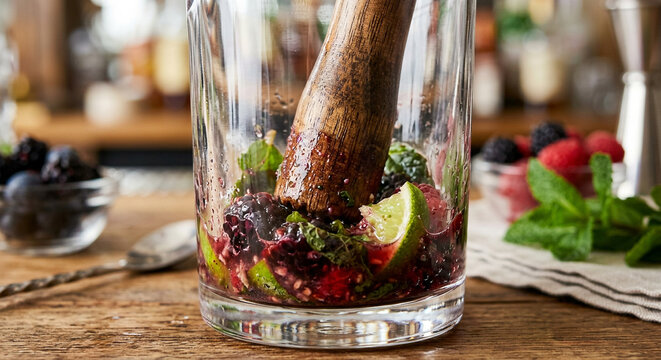 Fresh Berry Mocktail Ingredients Being Muddled in Glass with Lime and Mint