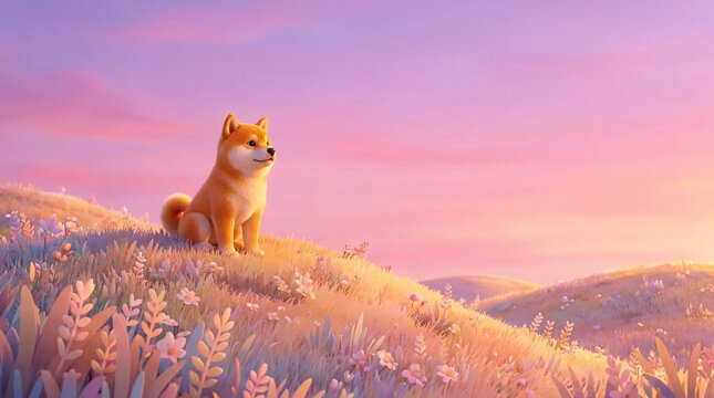 Dog Sitting on Hill at Sunset Sky
