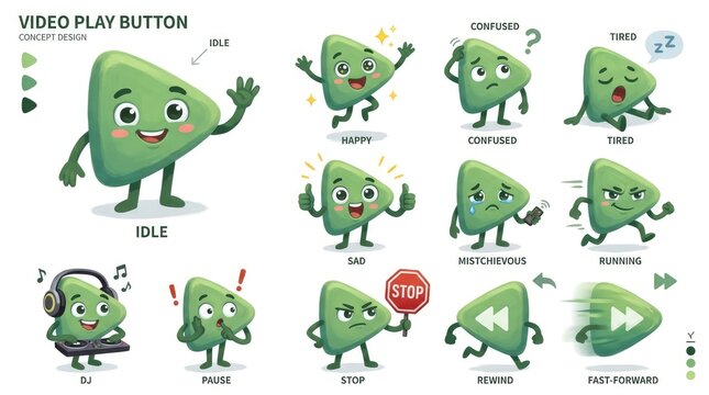 Animated Play Button Characters in Various Poses and Emotions, Concept Art.