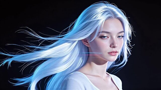 Portrait of a woman with flowing white hair