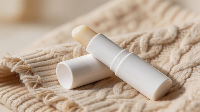 Lip balm on knitted fabric representing futuristic concepts and abstract thought