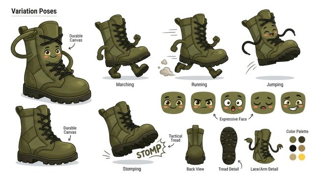 Cartoon Military Boots in Various Poses and Expressions for Design.
