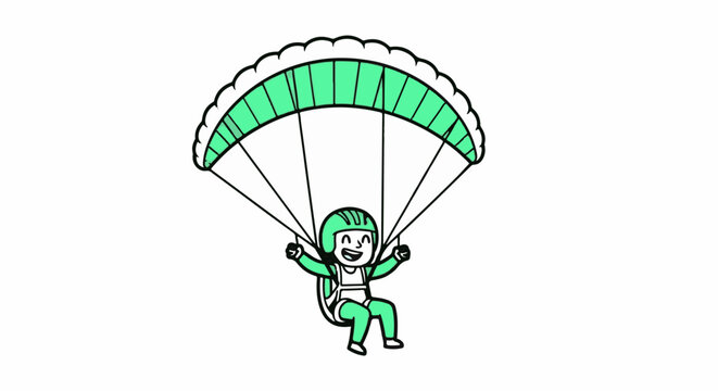 Joyful cartoon character parachuting with green gear open.