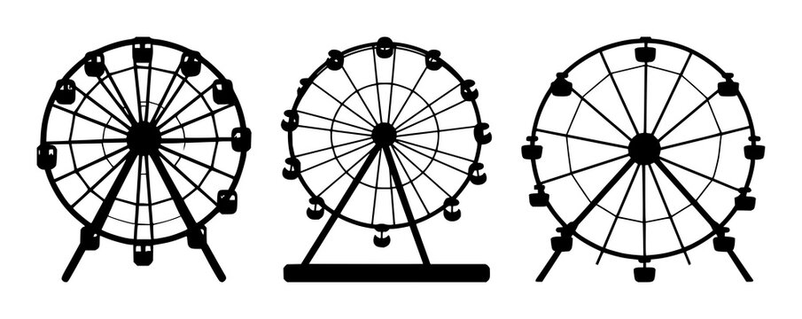 Amusement Park Wheel set with solid black icon on white background featuring amusement park, roller coaster, carnival with iconography and vector design