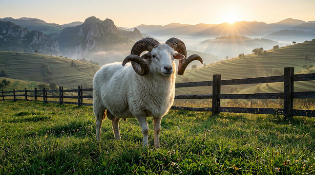 Close up portrait of a powerful Indonesian Garut ram with magnificent horns