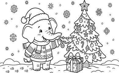 Fototapeta premium Christmas elephant decorating tree with gifts coloring page