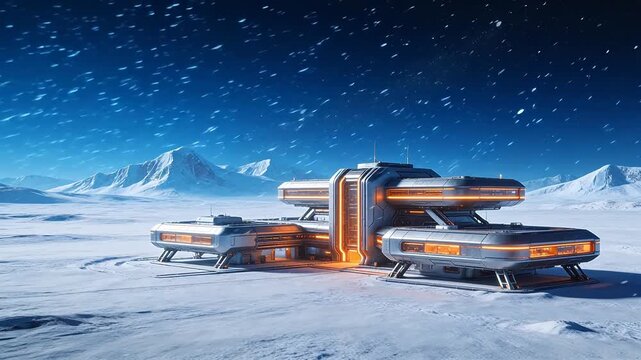 Futuristic structure in snowy mountain landscape