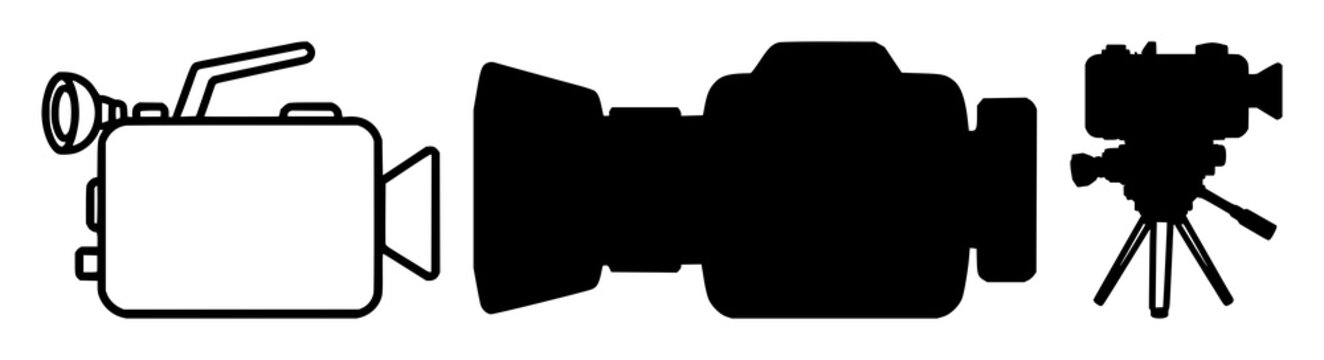 Video camera icon set with solid black silhouette on white background featuring video, camera, icon with digital and electronics